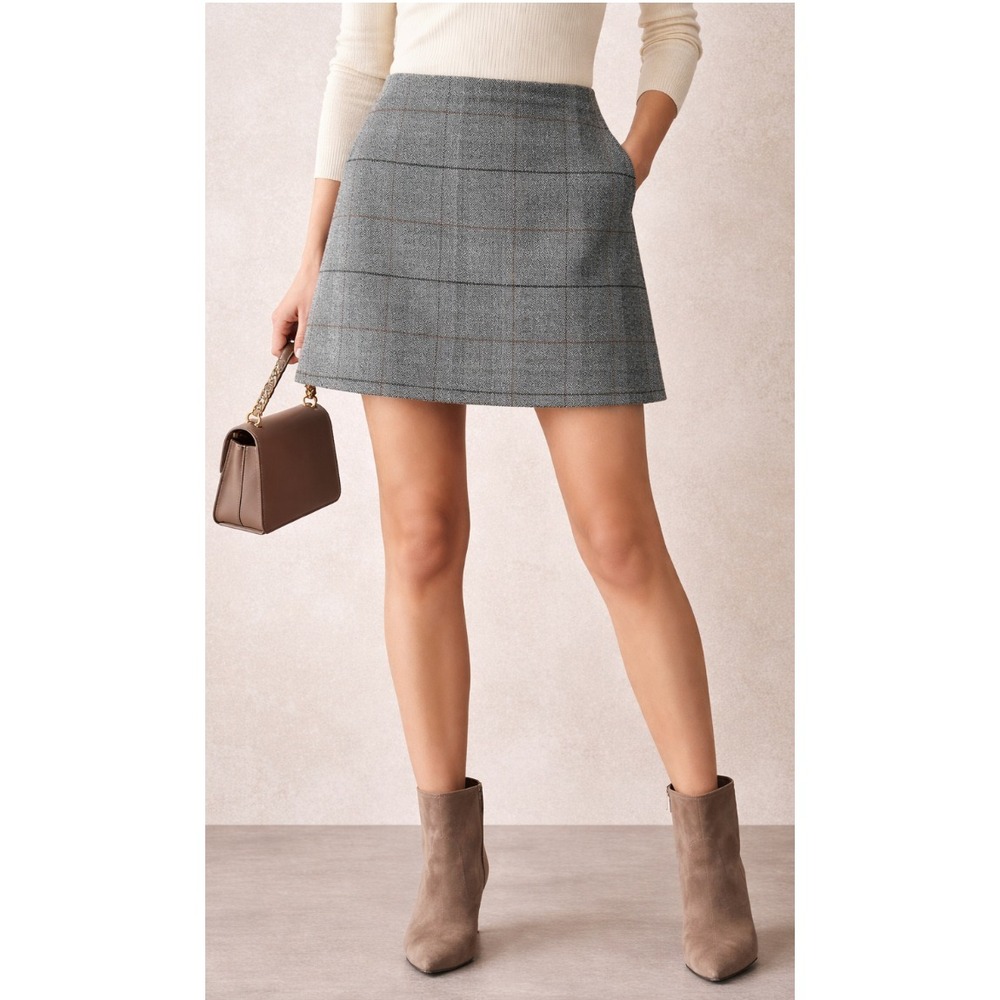 Uniqlo Flannel Wool Blend Mini Skirt Gray Windowpane Plaid Lined Womens 6
